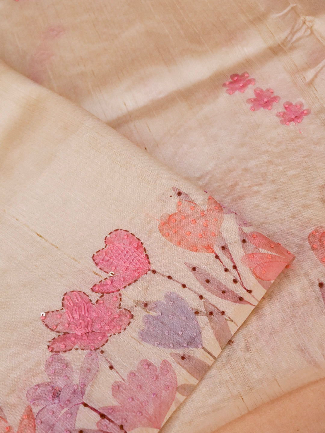 Off White Ghicha Silk Saree with Hand Kantha Embroidery View 1