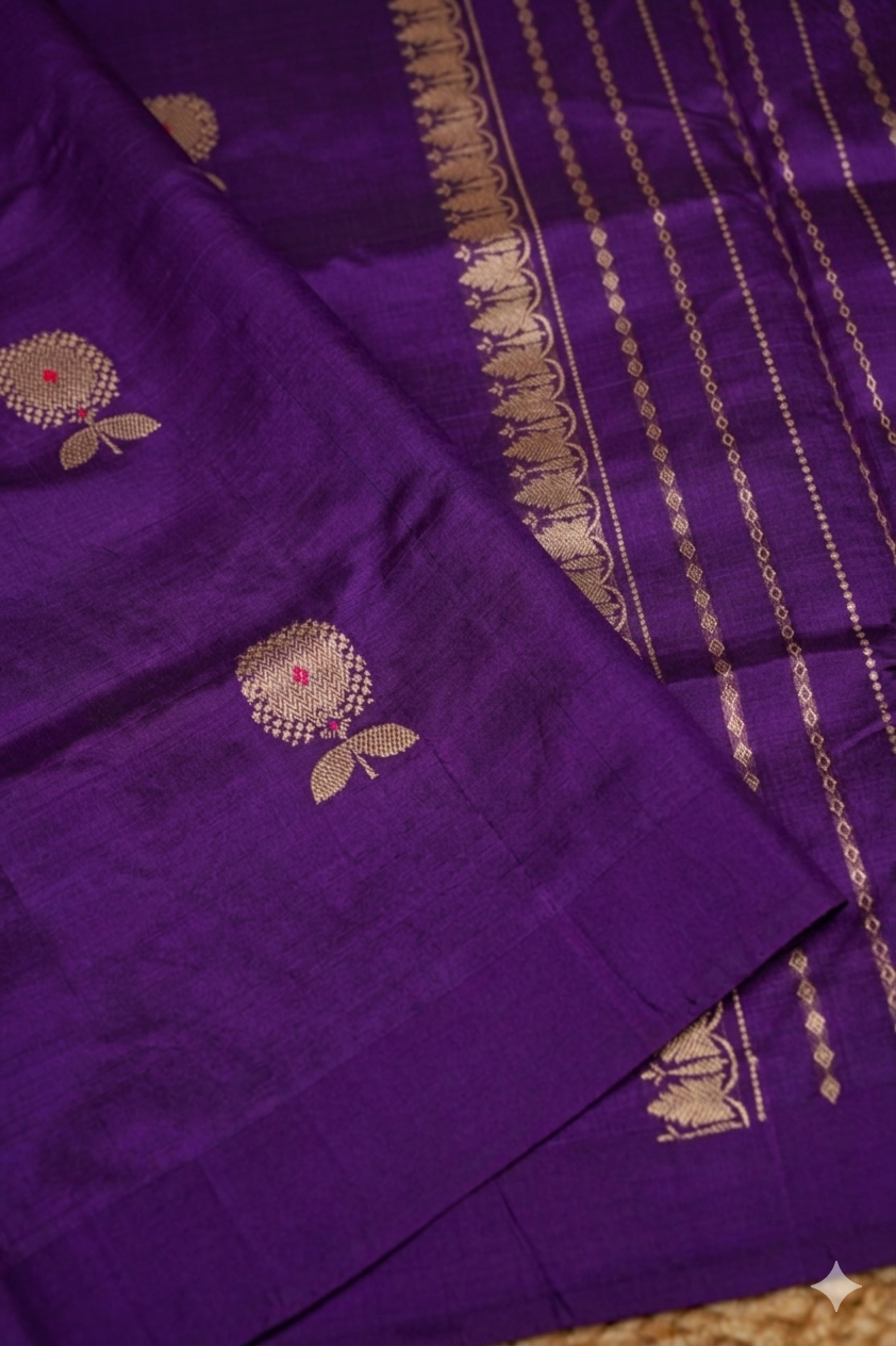 Handwoven Purple Banarasi Pure Puna Silk Saree with Meenakari Booti