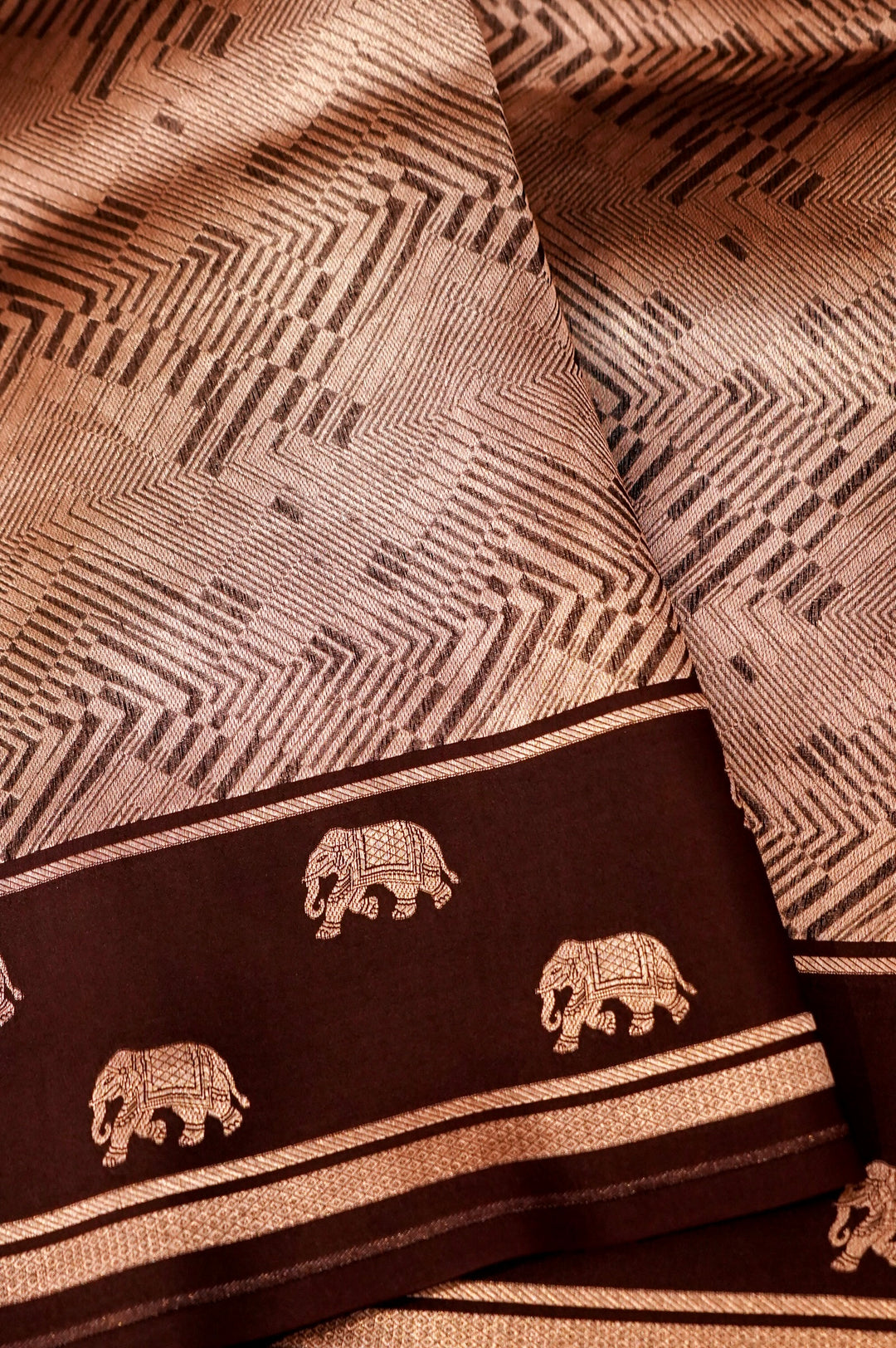 Majestic Earth – Brown Pure Handloom Organza Silk Saree with Elephant Motif Border