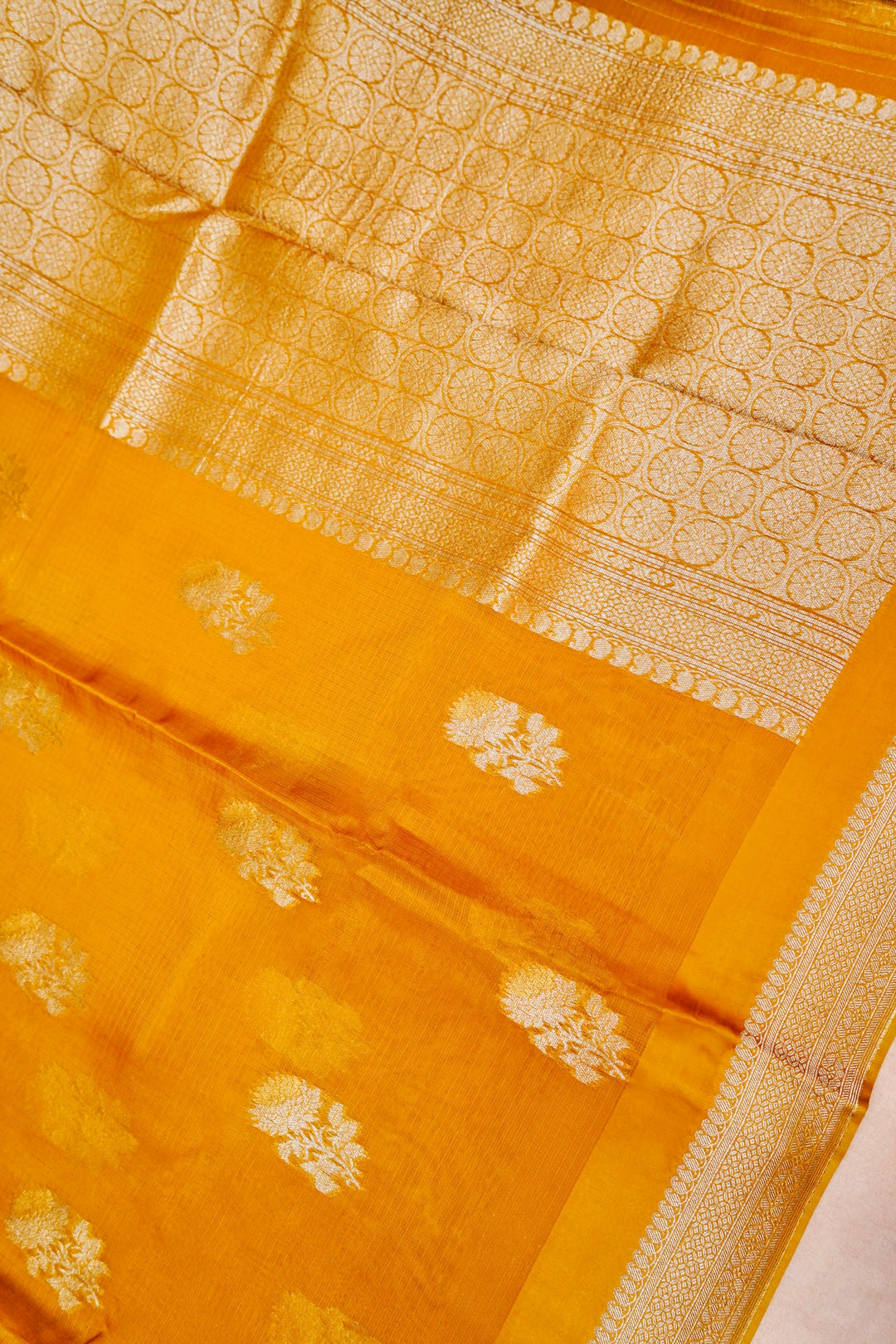 Banarasi Mustard Yellow Kota Check Saree Zari Floral Motifs with Classic Checks