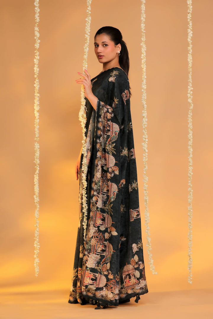 charcoal grey crepe silk katha embroidery figure motif saree side view