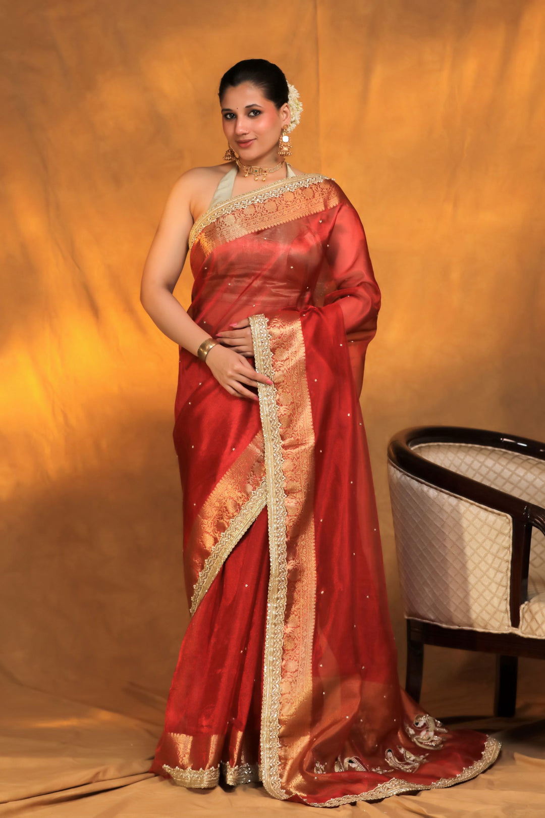Gajanan motif baarat inspired red pure tissue silk saree front view 2