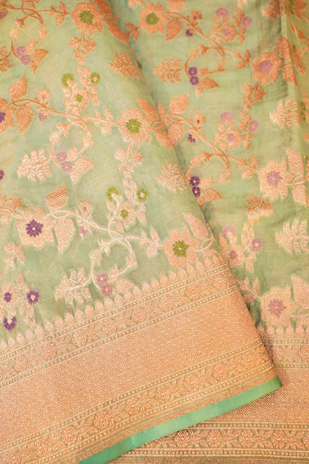 Light Green Handloom Pure Katan Tissue Saree with Meenakari Jaal Weave