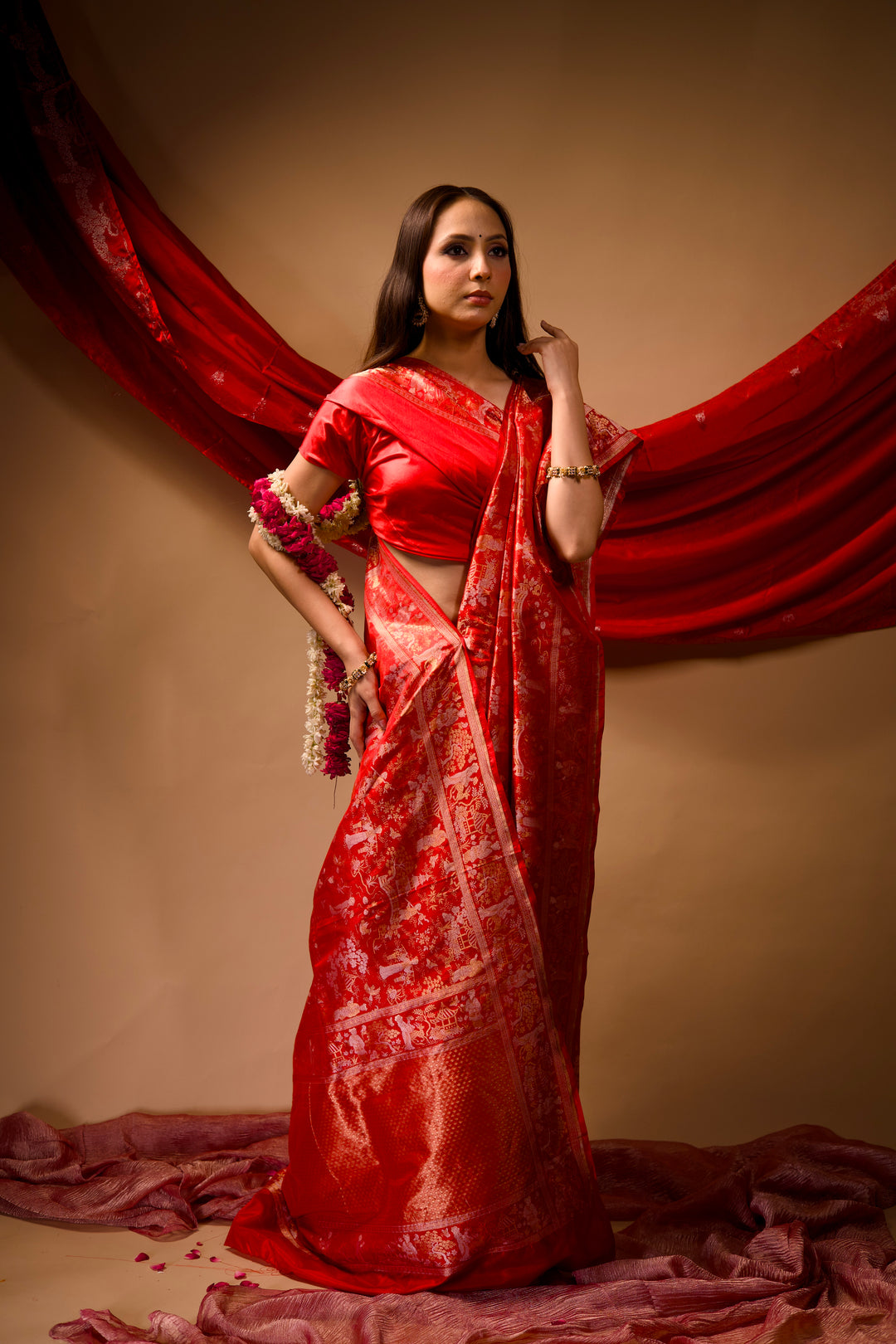 Aalia Bhatt Inspired Red Parsi Gara Banarasi Weaves Cheena Cheeni Heritage Bridal Saree View 2