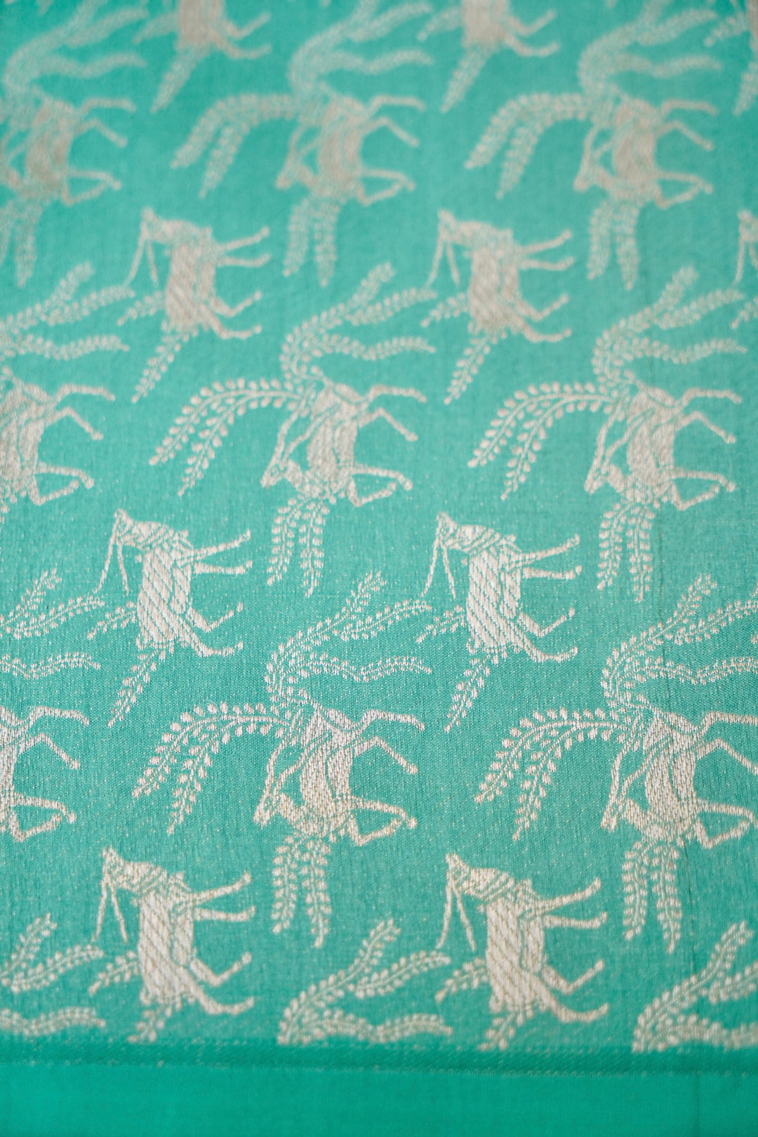 Aqua Green Banarasi Pure Katan Silk Saree – Handwoven with Golden Zari Shikargah Border & Pallu