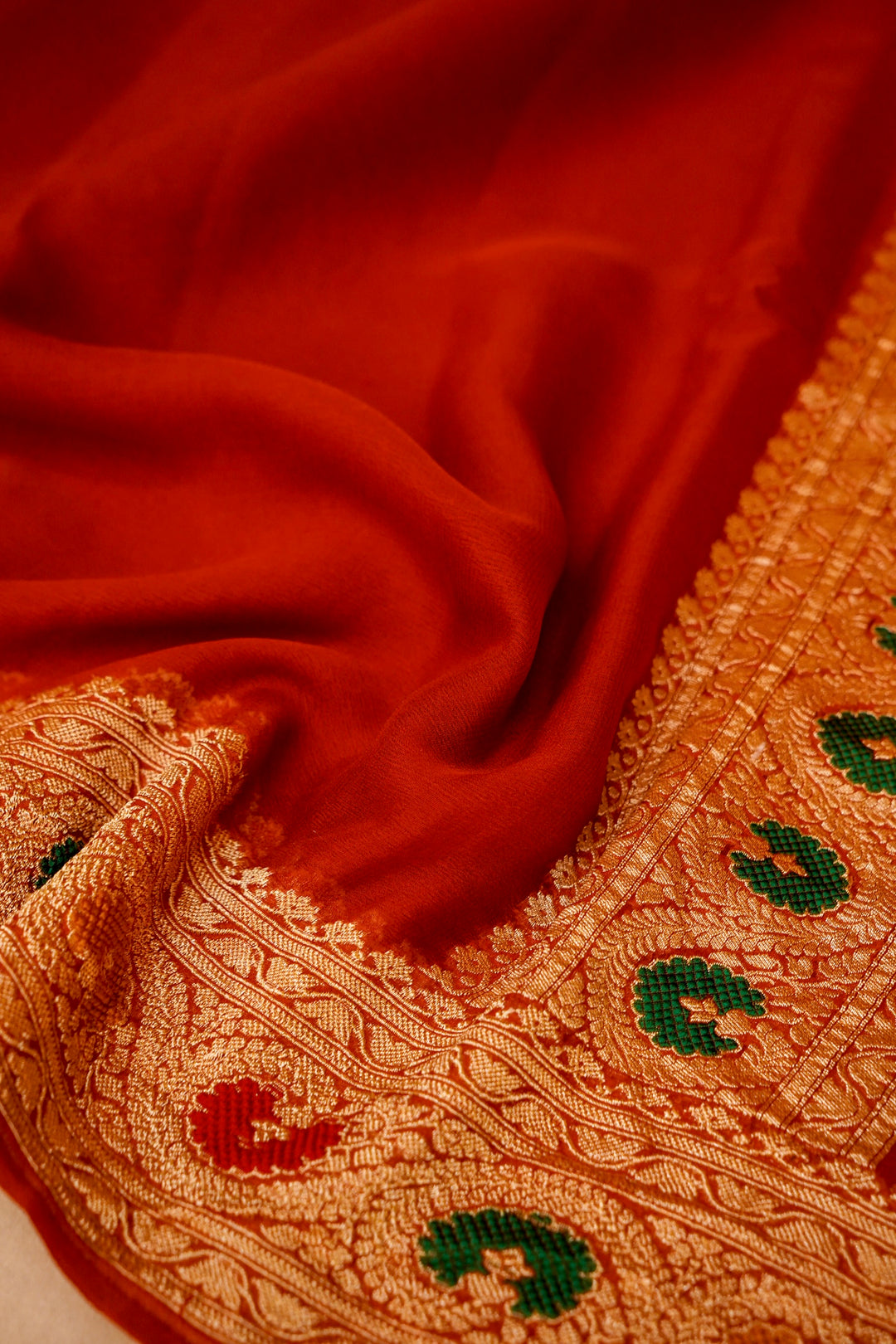 Red Banarasi Khaddi Chiffon Meenakari Border and Pallu Saree View 5