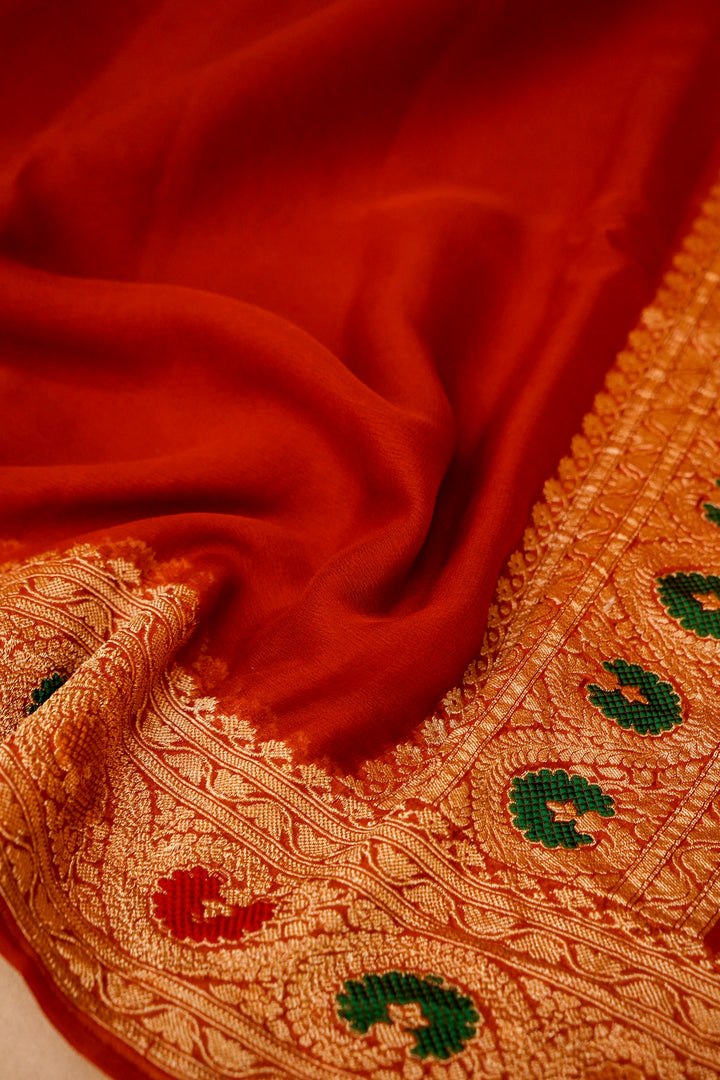 Red Banarasi Khaddi Chiffon Meenakari Border and Pallu Saree View 5