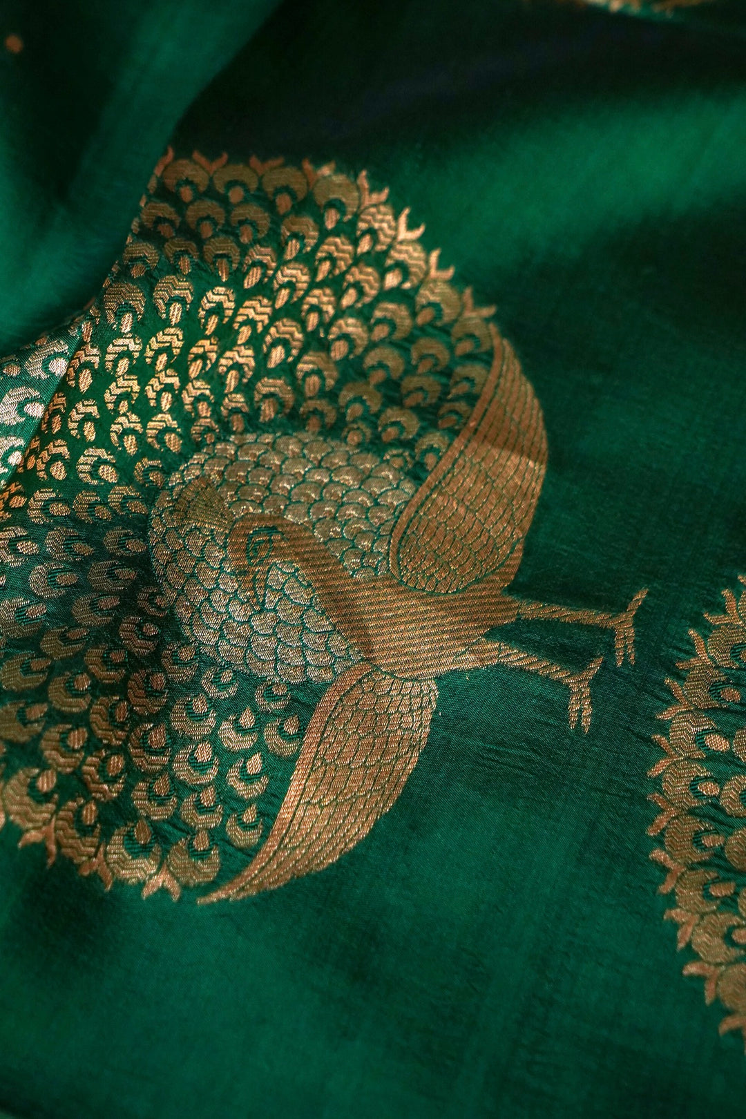 Bottle Green Pure Silk Banarasi Saree with Peacock Motif Pallu View 5