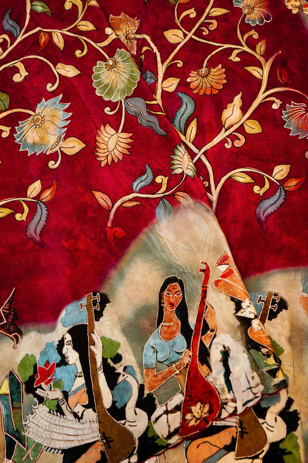 Regal Maroon Elegance: Crepe Silk Saree with Floral Prints