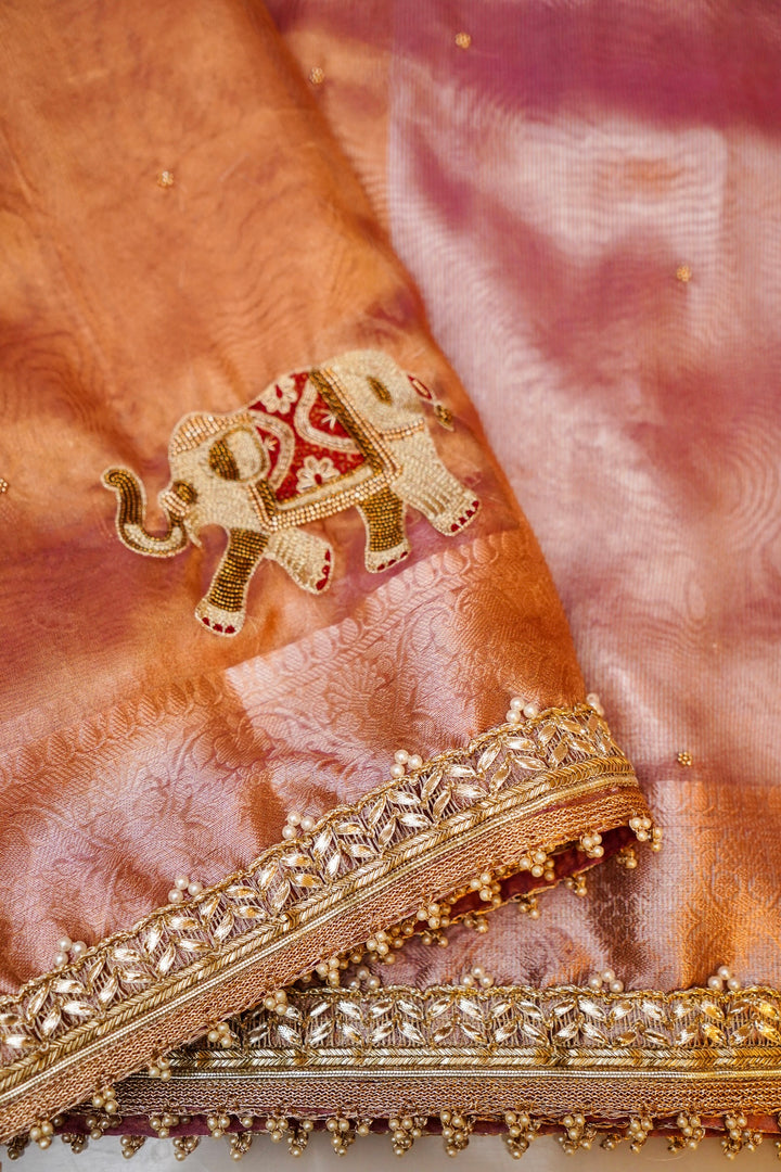 Golden Tissue Silk Saree with Pitta Zari Elephant Motifs & Scallop Border