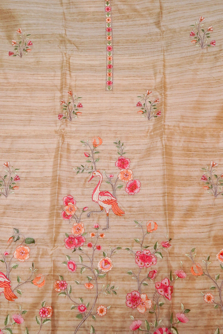 Beige Gold Chanderi Tussar Silk Suit with Thread Embroidery and Parsi Work