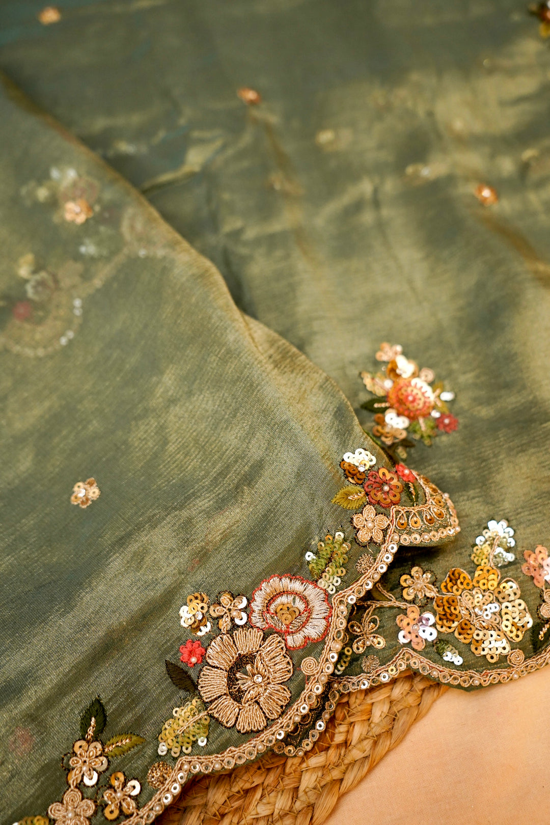 Sage Green Designer Tissue Silk Saree with Pichwai Lotus Embroidery View 4