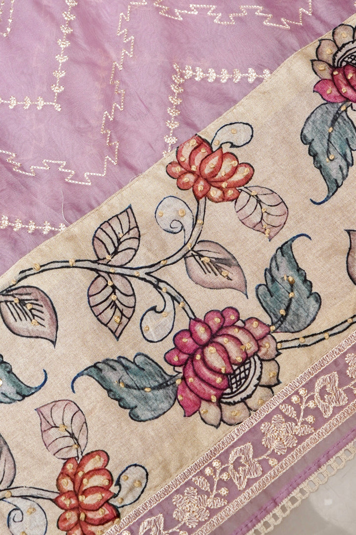 Elegant Organza Saree with Kalamkari Border & Katha-Resham Embroidery