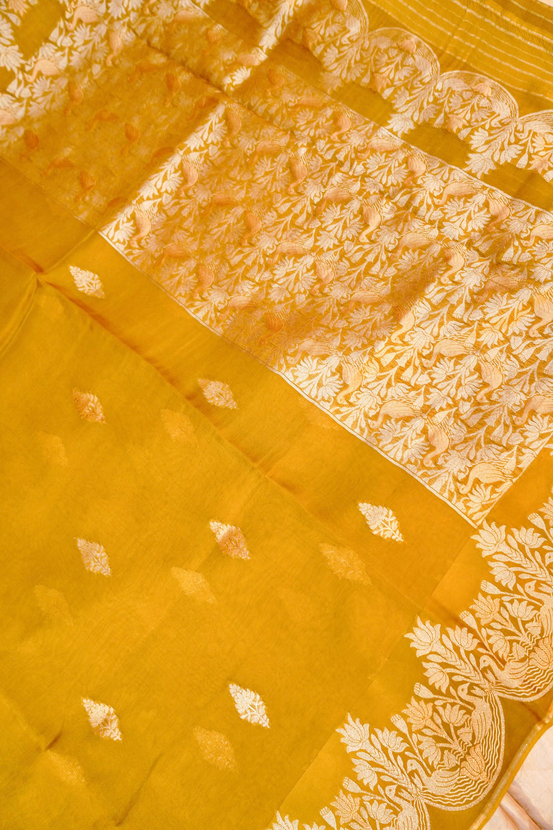 Radiant Mustard Yellow Sonaroopa Muslin Organza Haldi Wear Saree