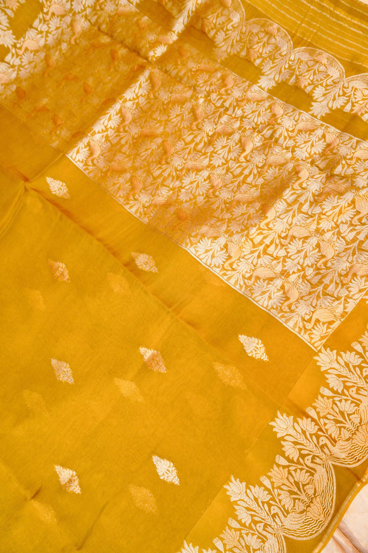Radiant Mustard Yellow Sonaroopa Muslin Organza Haldi Wear Saree