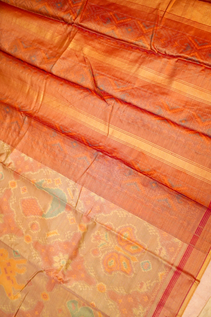 Copper Gold Banarasi Silk Tissue Saree with Ikkat Patola Inspired Weave