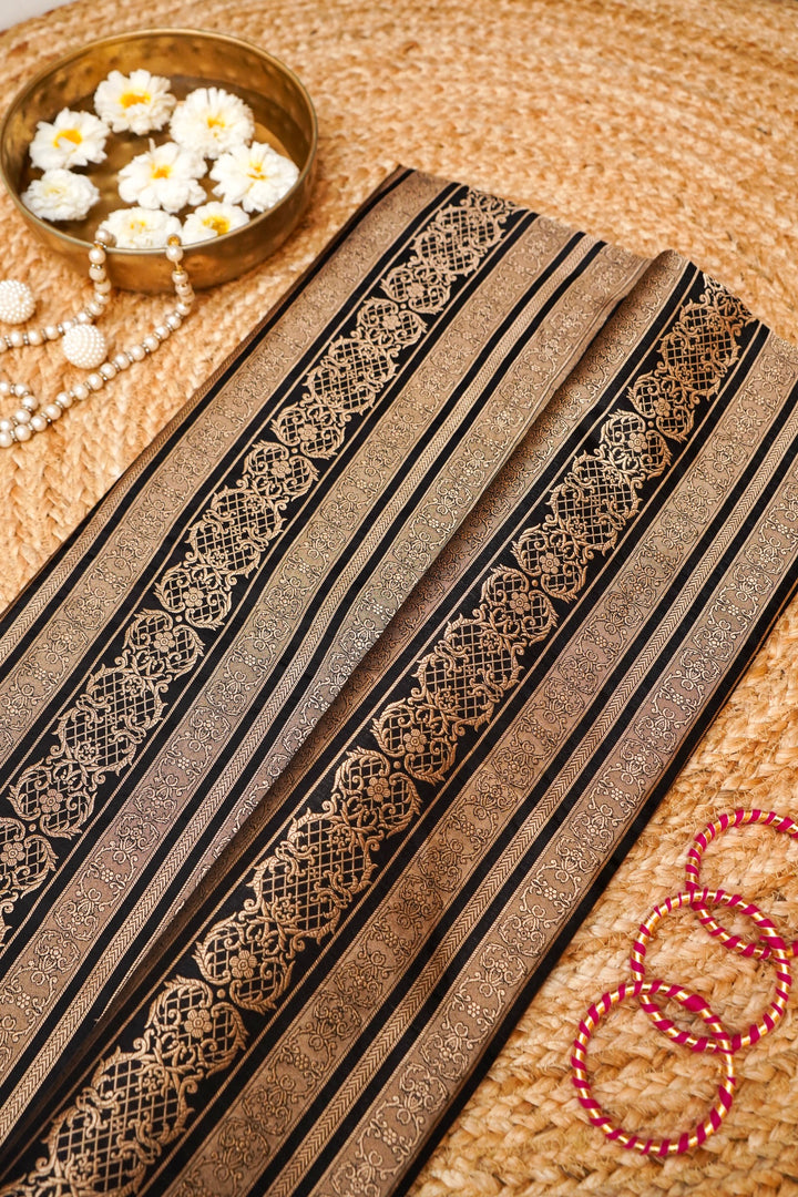 Handwoven Black Banarasi Pure Katan Silk Contemporary Saree with Zari Stripe Design