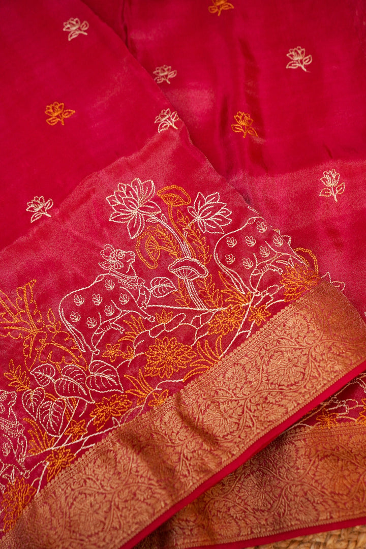 Rose Red Crepe Tissue Saree with Pichwai Resham Kadhai