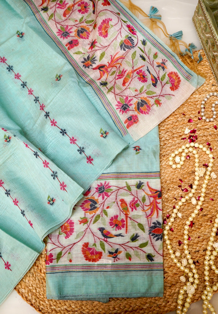 Aqua Blue Floral &amp; Bird Print Unstitched Suit Set with Artistic Dupatta