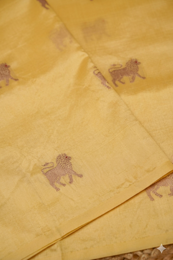 Radiant Yellow Handwoven Banarasi Pure Puna Silk Saree – Haldi Special with Zari Lion Motif