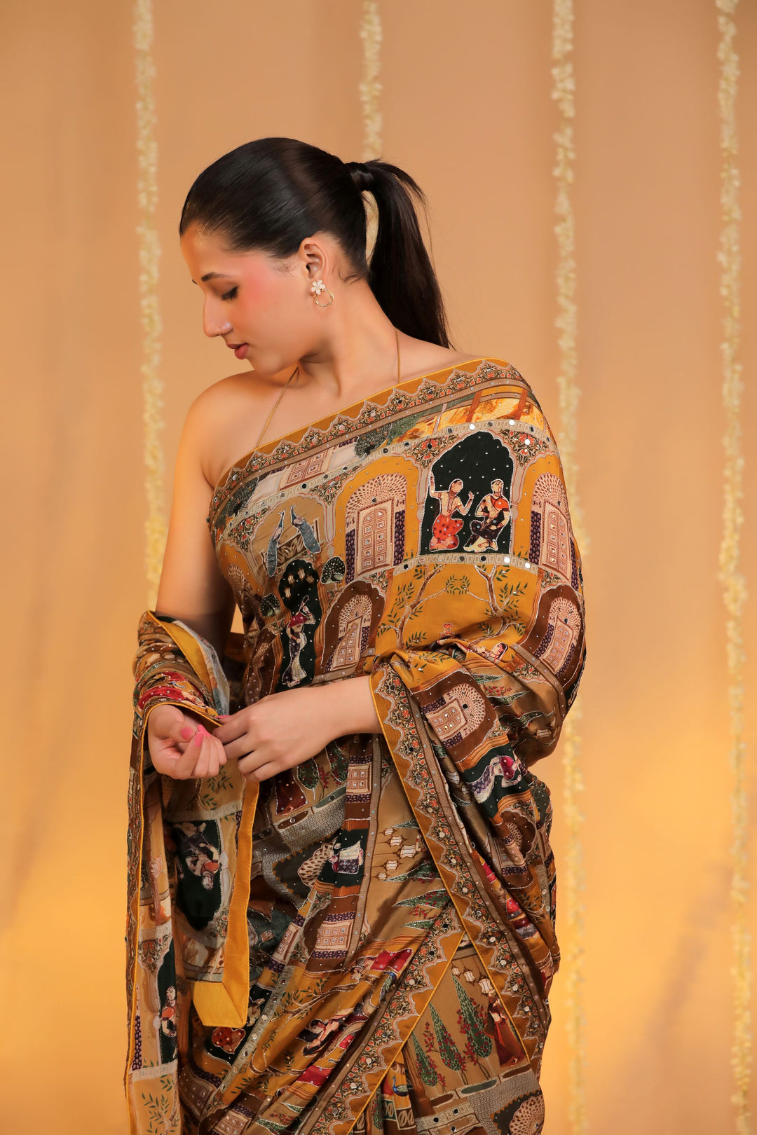 mustard yellow designer crepe silk katha embroider figure motif haldi wear saree closeup view 1