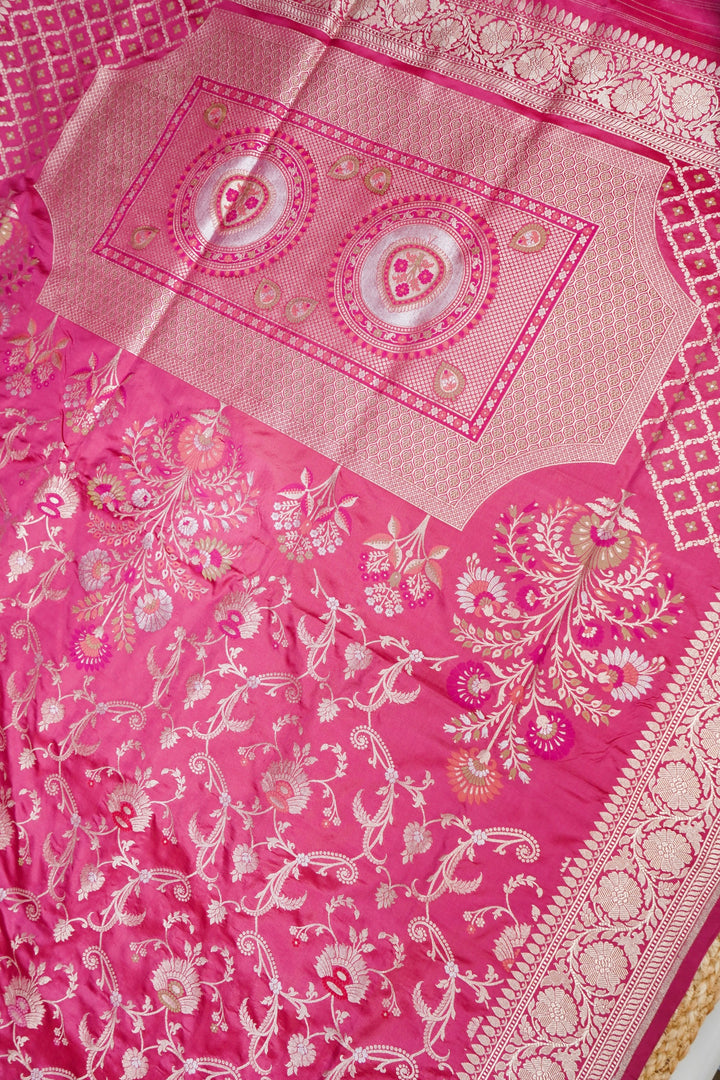 Pink Pure Banarasi Handloom Katan Jangla Meenakari Saree