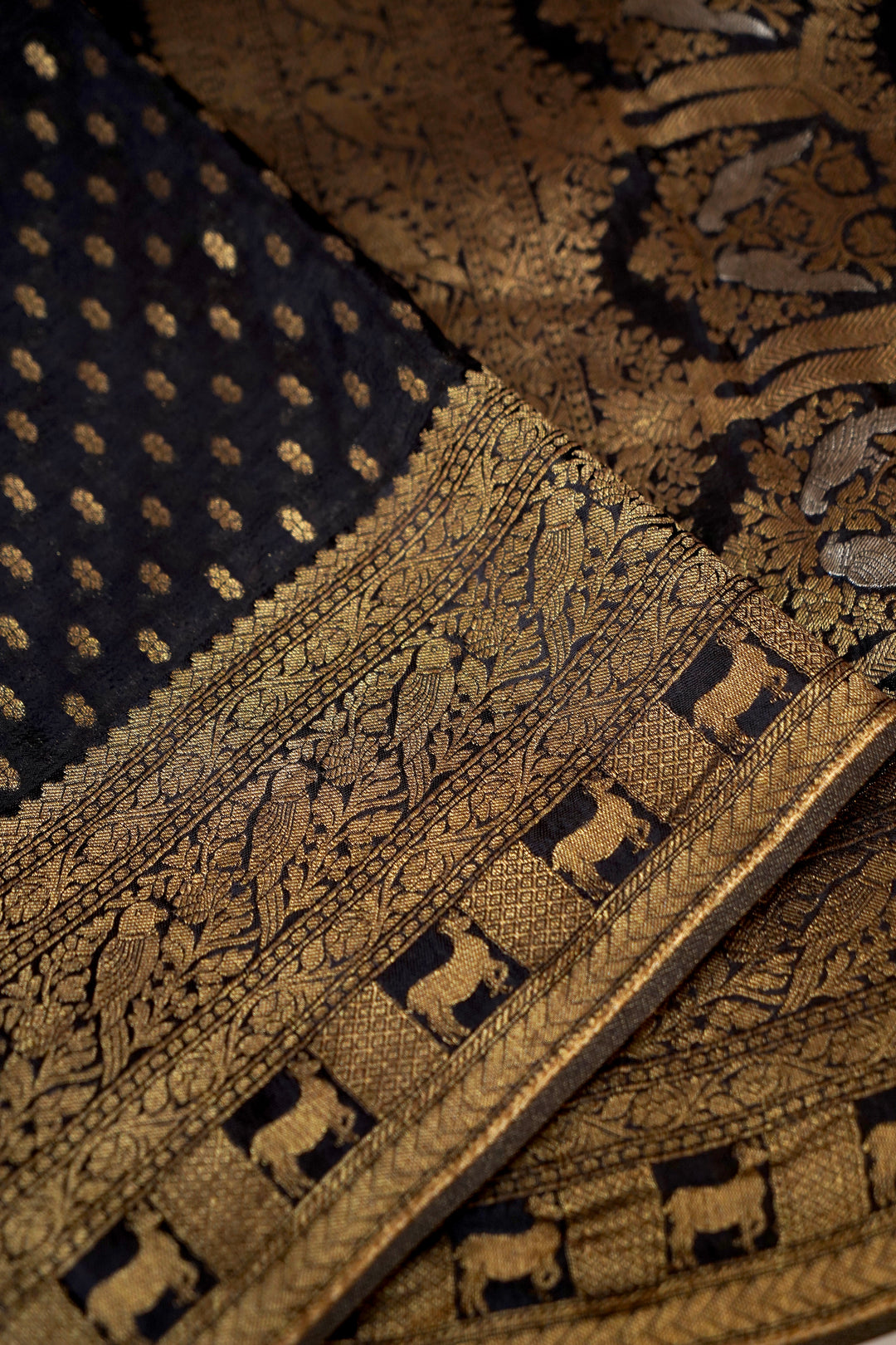 Regal Black Banarasi Chinon Georgette Saree with Antique Zari Figure Motifs