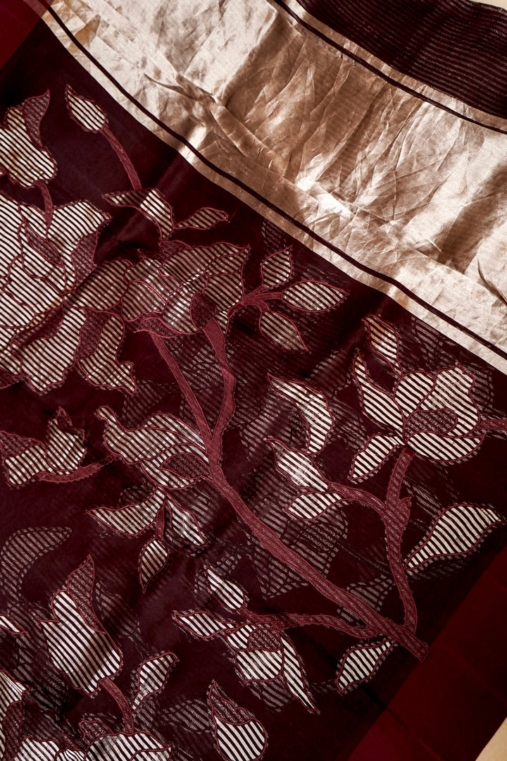 Elegance Coffee Brown Pure Organza Appliqué Work Banarasi Brocade Saree View 2