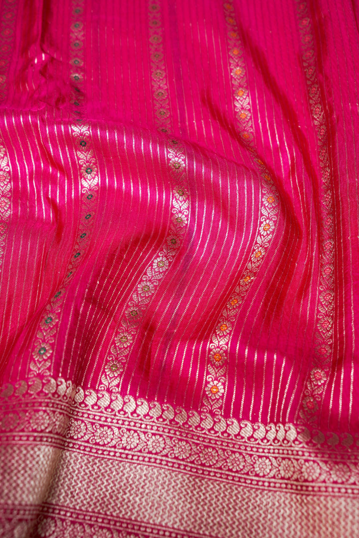 Pink Banarasi Soft Silk Bridal Saree with Meenakari Stripes