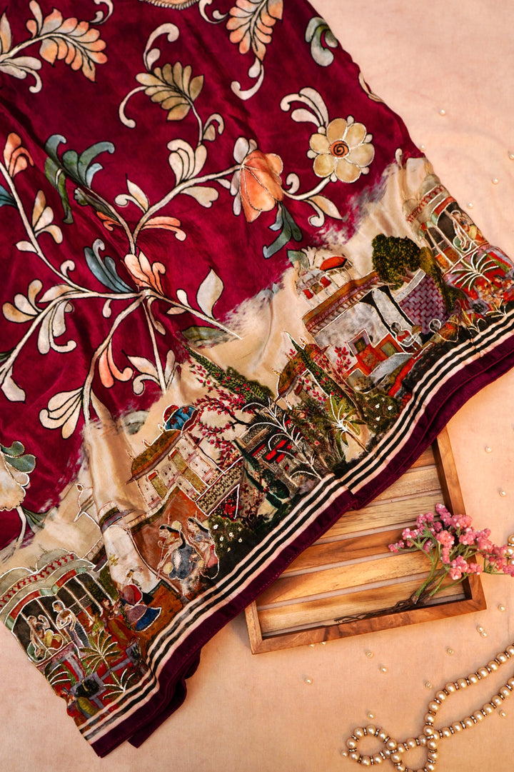 Maroon Crepe Silk Saree with Printed Floral Body
