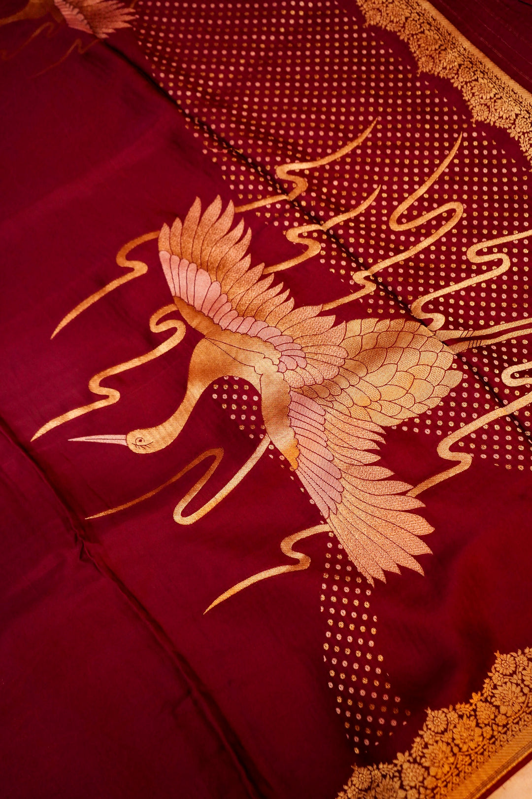 Banarasi Satin Crepe Bandhej Weaving Saree with Elegant Birds Motif