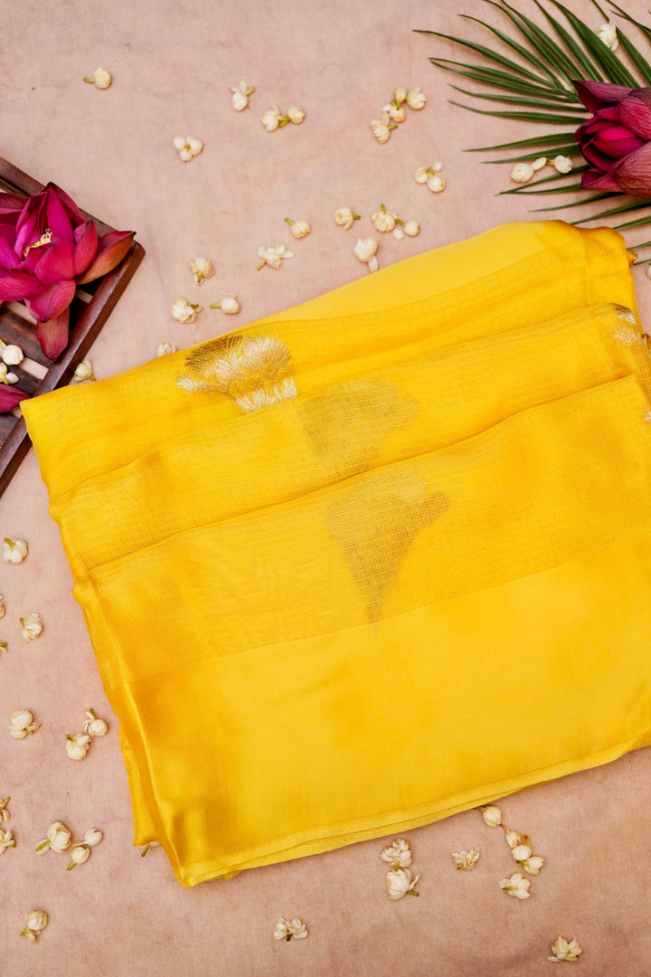 Sunlit Yellow Kota Check Saree Sona Rupa Zari Floral Motifs on Classic Checks