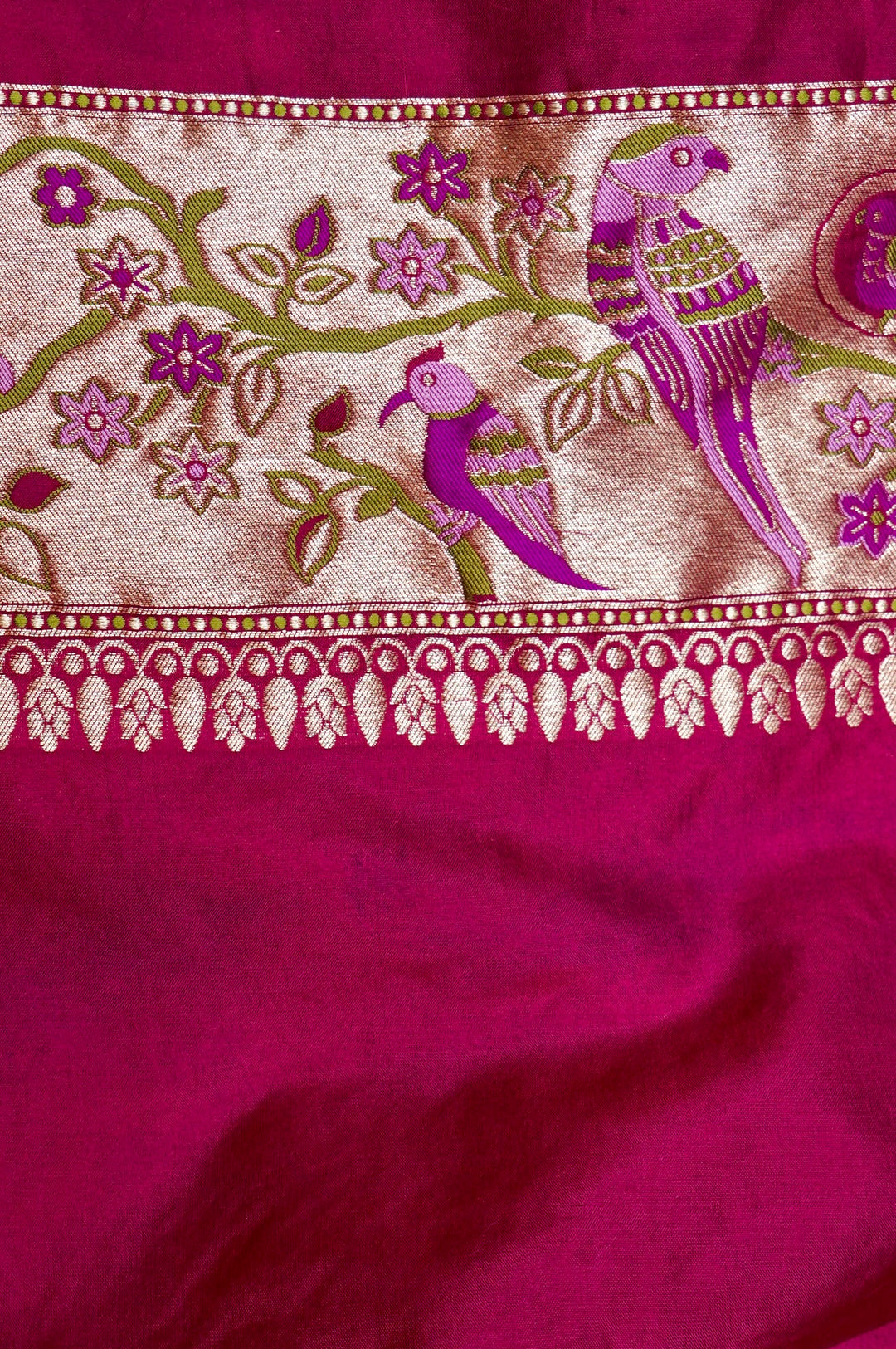 Magenta Pink Pure Banarasi Handloom Katan Silk Kimkhwab Meenakari Birds Motif Saree