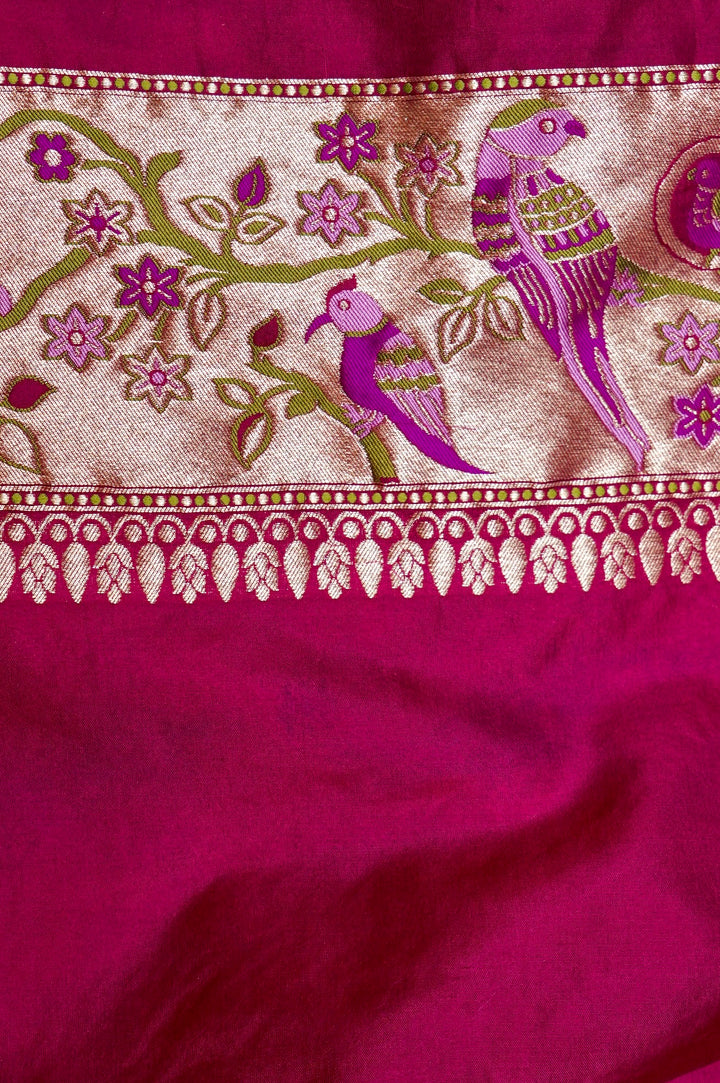 Magenta Pink Pure Banarasi Handloom Katan Silk Kimkhwab Meenakari Birds Motif Saree