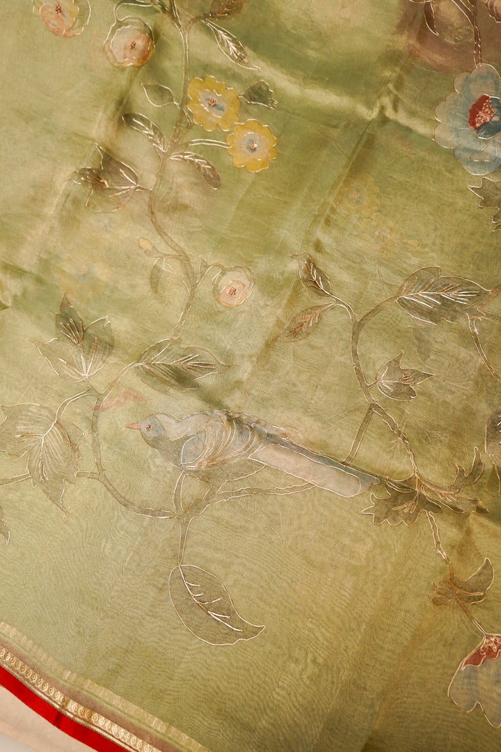 Designer Hand Painted Light Green Pitta Zari Pure Tissue Saree View 3