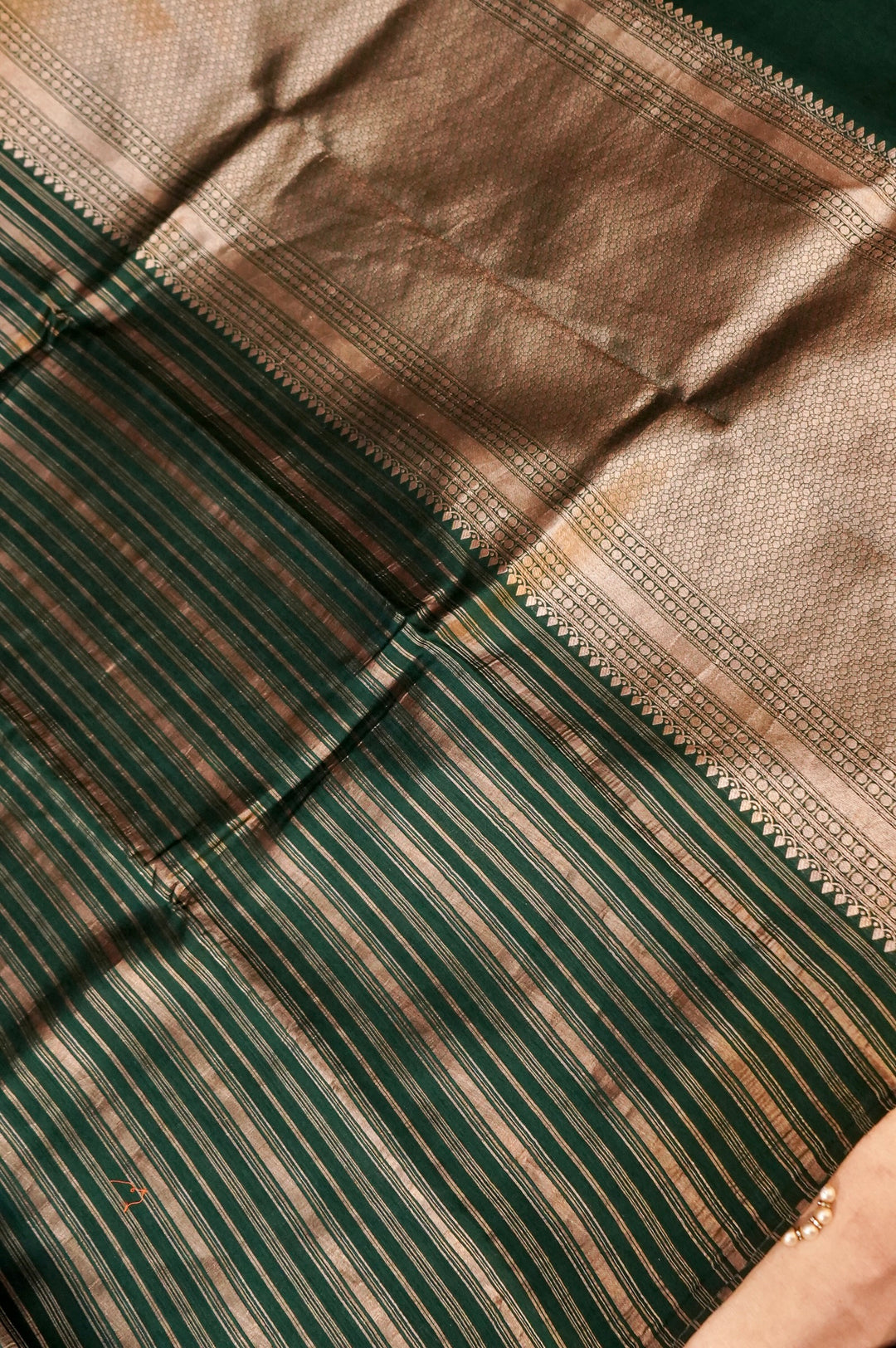 Pure Banarasi Silk Saree with Stripes & Shibori Weaving in Bottle Green