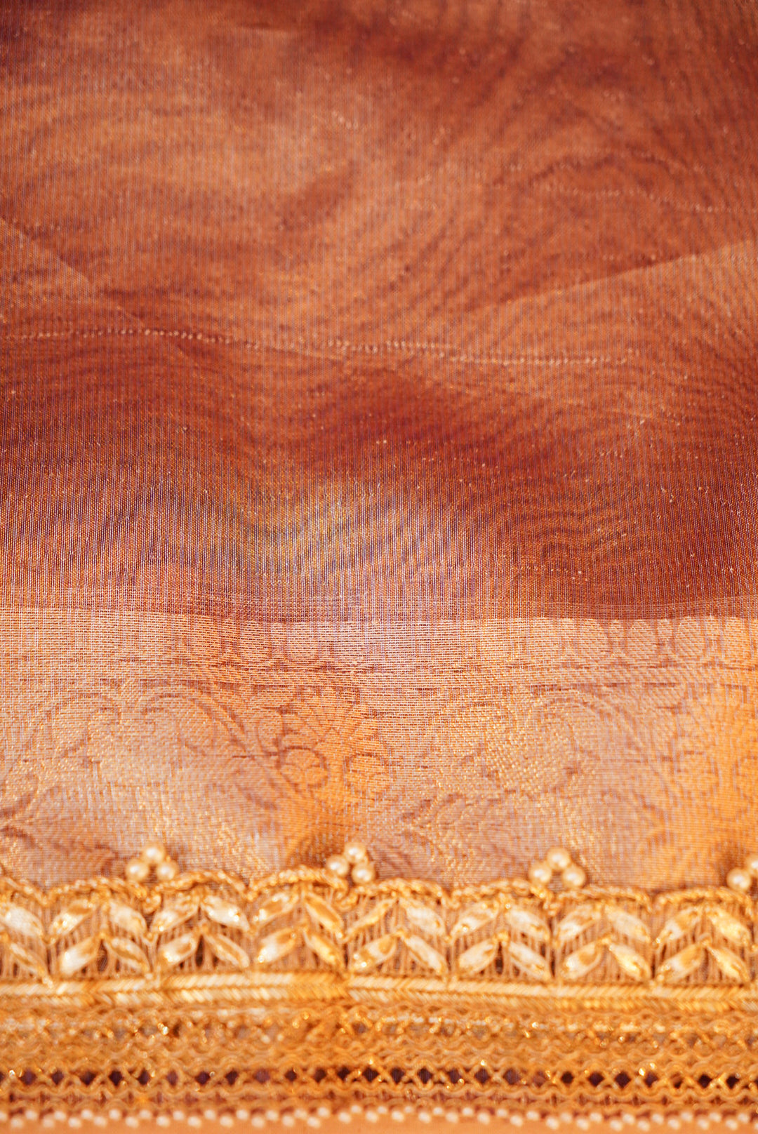 Copper Gold Gajanan Maharani Tissue Saree with Hand Embroidery and Pearl Border