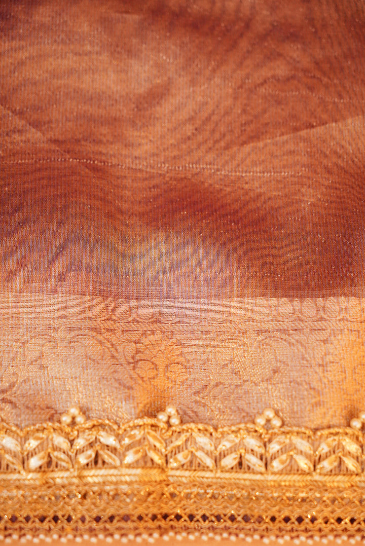 Copper Gold Gajanan Maharani Tissue Saree with Hand Embroidery and Pearl Border