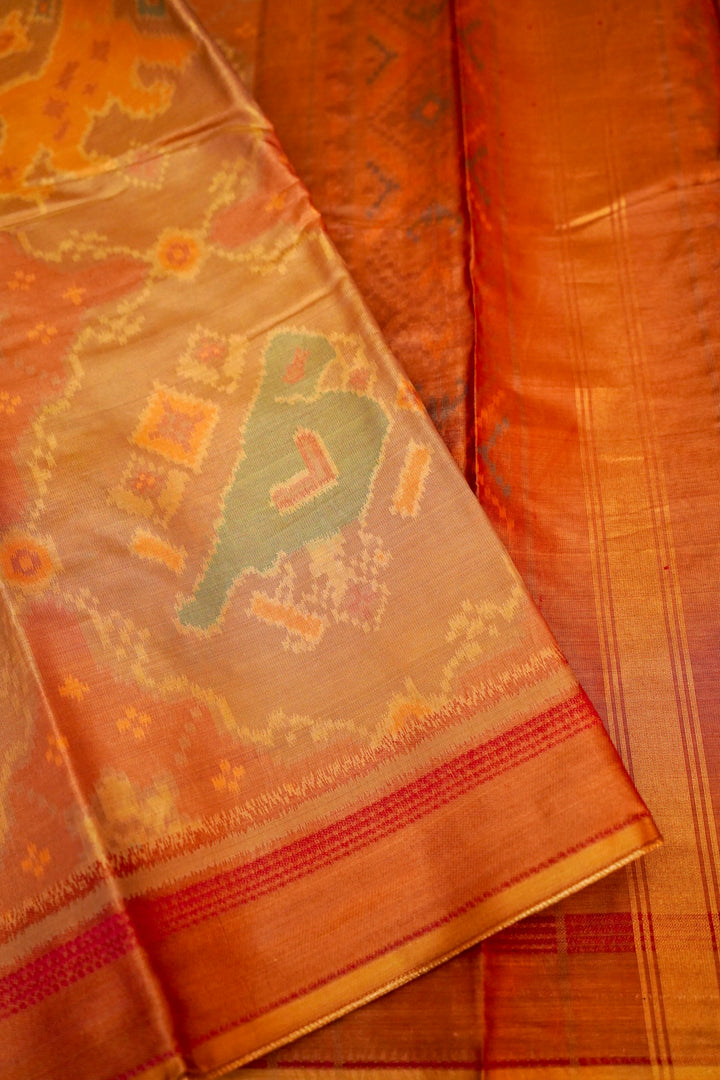 Copper Gold Banarasi Silk Tissue Saree with Ikkat Patola Inspired Weave