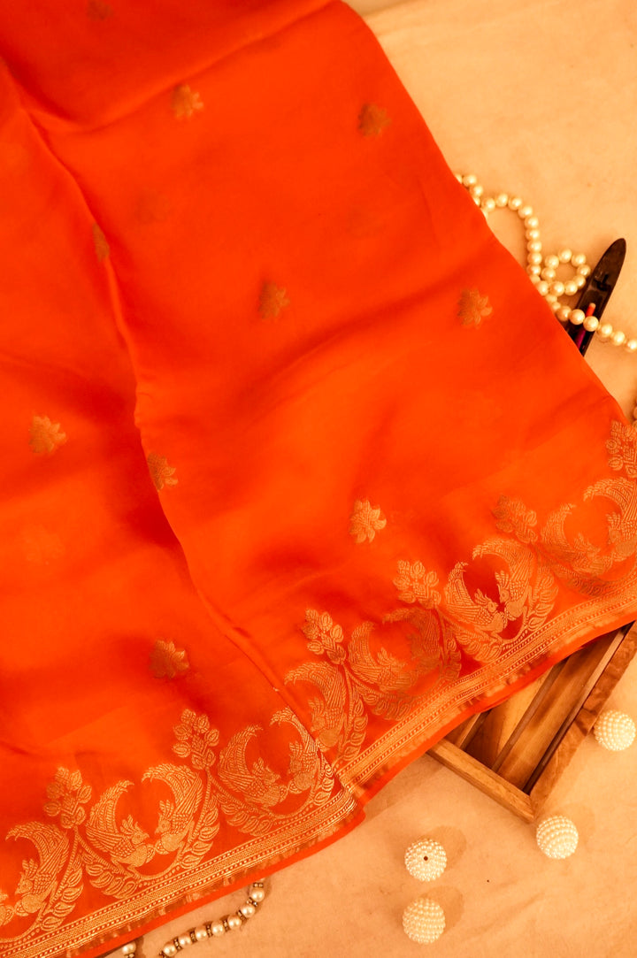 Rust Orange Organza Saree with Rich Satin Silk Border