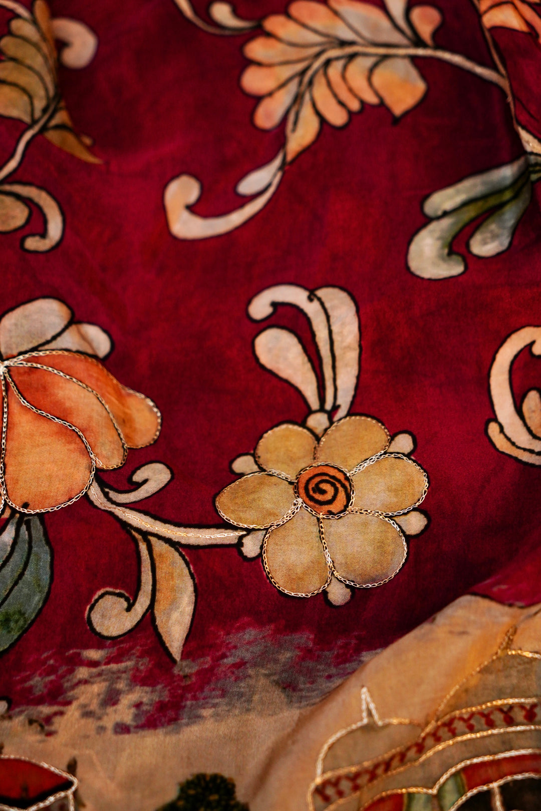 Maroon Crepe Silk Saree with Printed Floral Body