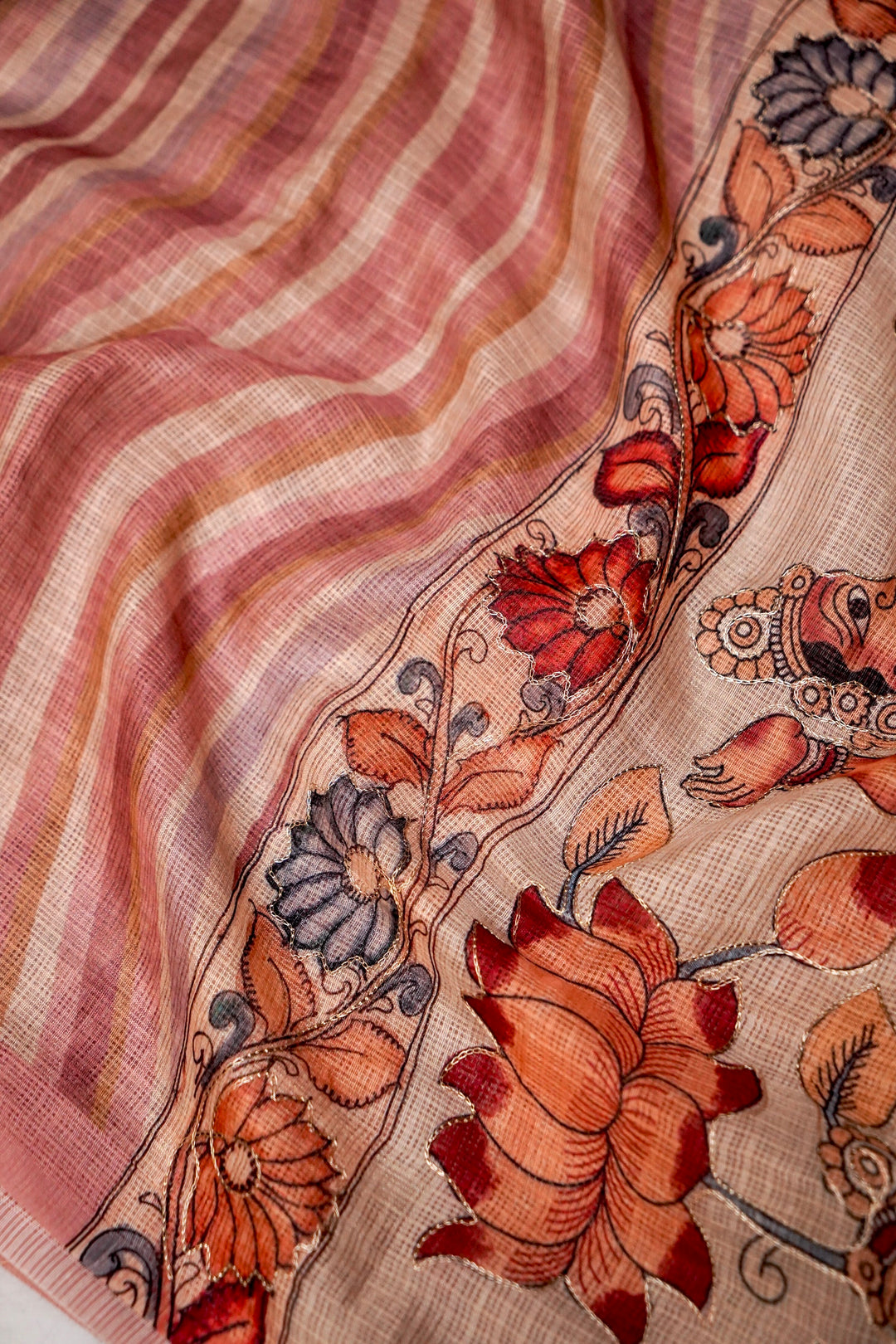 Artistic Kota Check Saree with Multicolor Leheriya Aari Tari Work Kalamkari Pichwai Pallu View 7