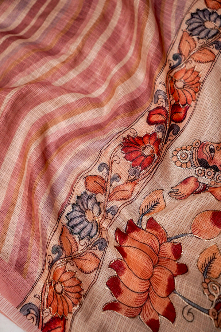 Artistic Kota Check Saree with Multicolor Leheriya Aari Tari Work Kalamkari Pichwai Pallu View 7