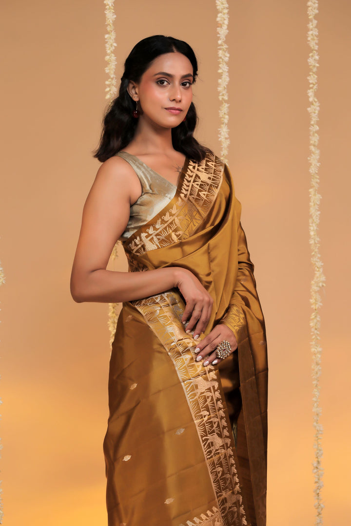 handloom banarasi pure mashru silk mustard shikargah saree side view 2