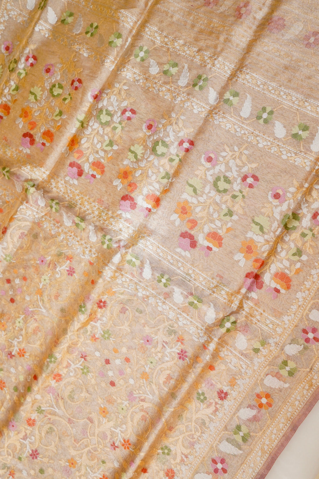 Handwoven Banarasi Copper Golden Pure Tissue Silk Jamdani Saree View 2