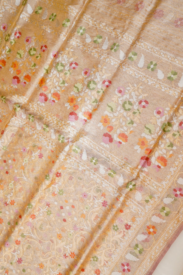 Handwoven Banarasi Copper Golden Pure Tissue Silk Jamdani Saree View 2