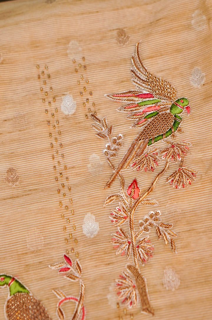Beige Gold Pure Chanderi Silk Suit with Red Contrast Dupatta