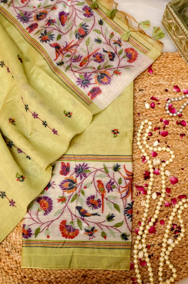 Lemon Yellow Handwoven Linen Unstitched Suit Set with Multicolor Floral &amp; Bird Embroidery