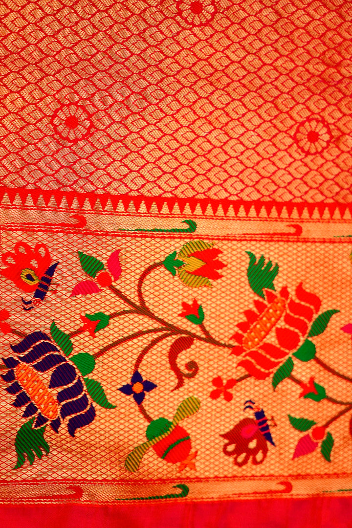 Bridal Reddish Pink Katan Silk with Paithani Pattern Saree