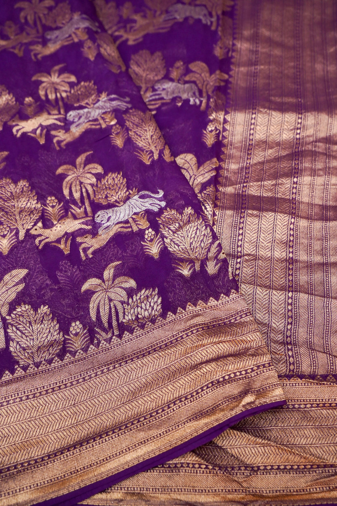 Dark Purple Pure Georgette Shikargah Saree with Zari Weave Animal Motifs